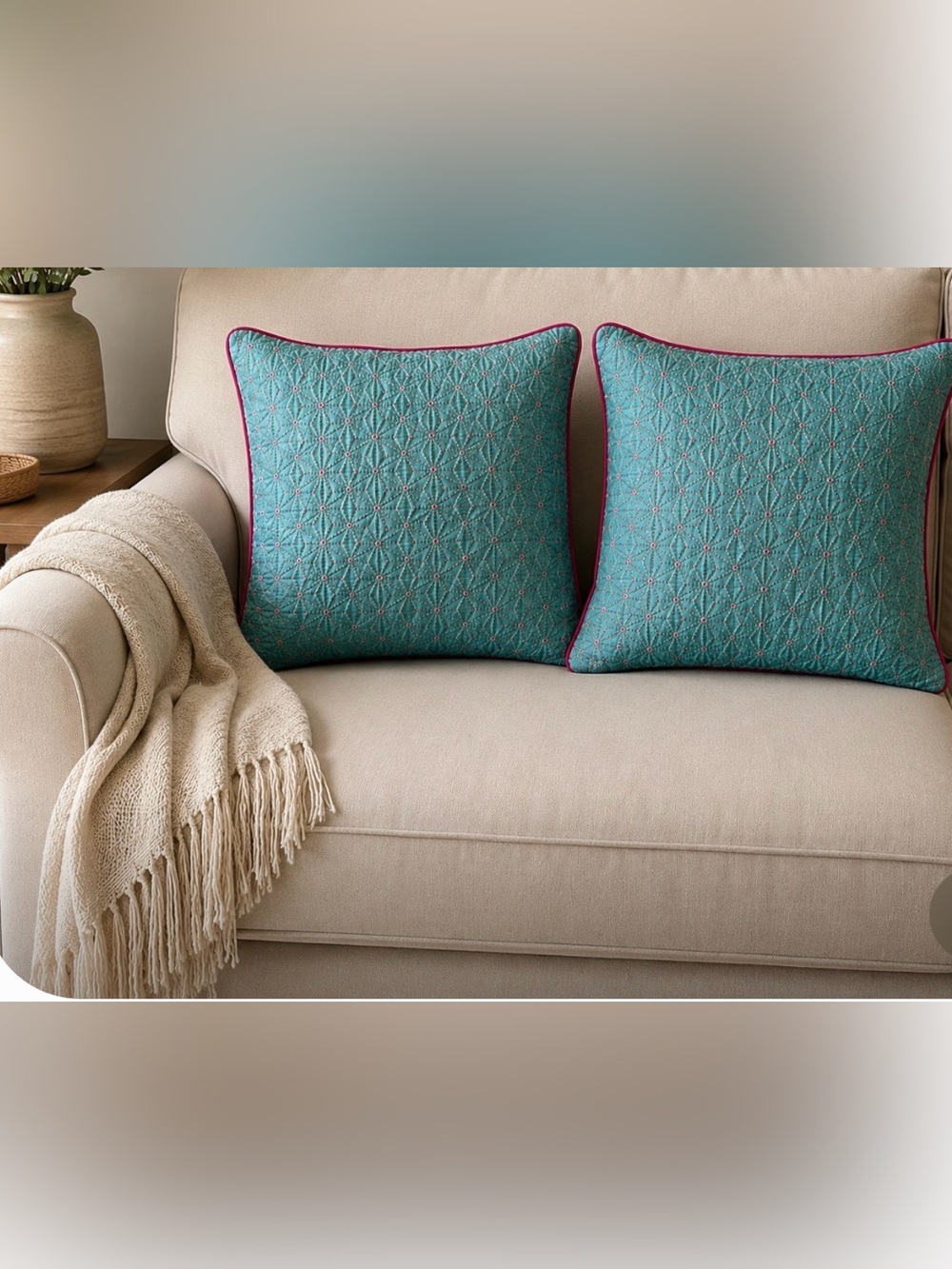 Anthro PIP studio 14x14 Teal Quilted Pillow cushion‎ Covers Pink Trim set of 2
